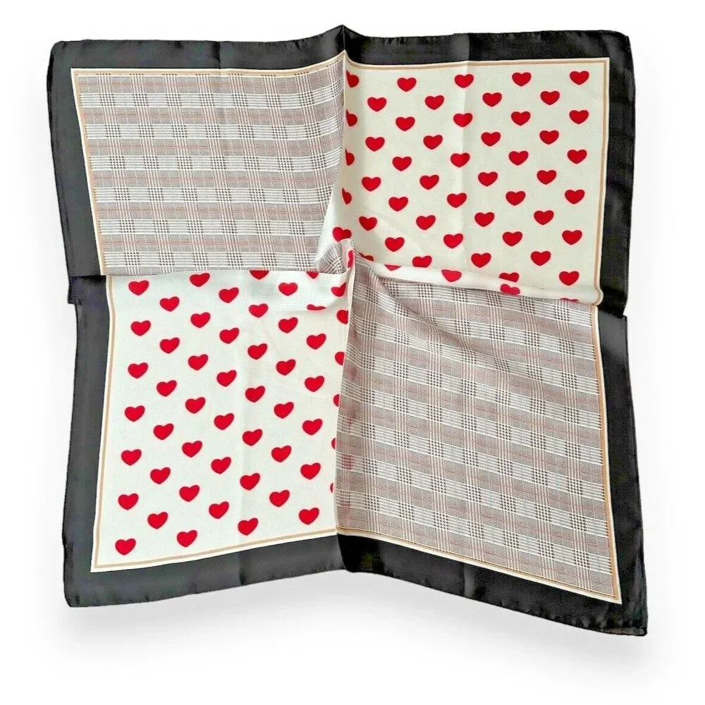 Red Hearts And Black Edges Scarf 27 X 27 Women Scarve Boho White Unisex